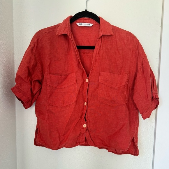 Zara Linen Blend Crop Shirt Button Down Short Sleeves Red-Orange - Picture 6 of 6